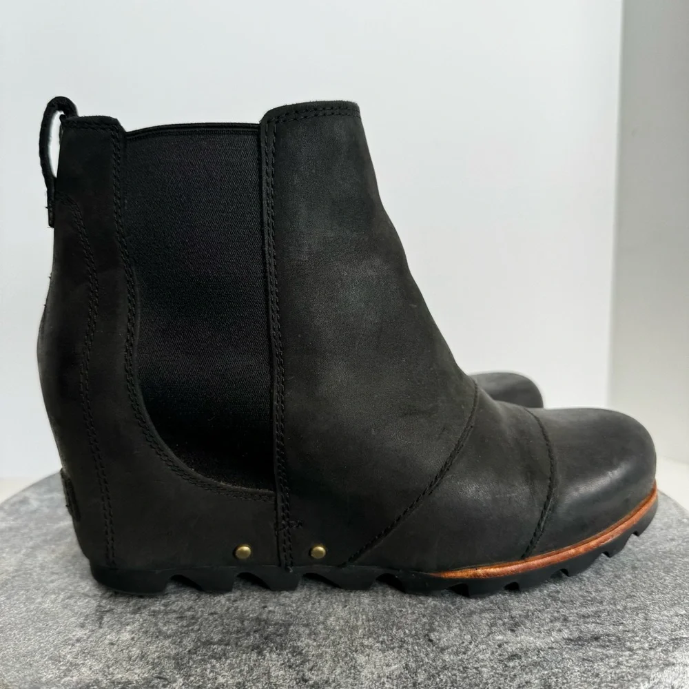 Sorel Black Leather Lea Wedge Booties Ankle Boots 8.5